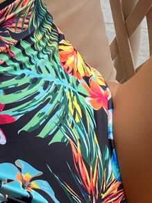 SHEIN Swim ملابس سباحة قطعة واحدة بطباعة استوائي - الأسود - مشاهدة 4