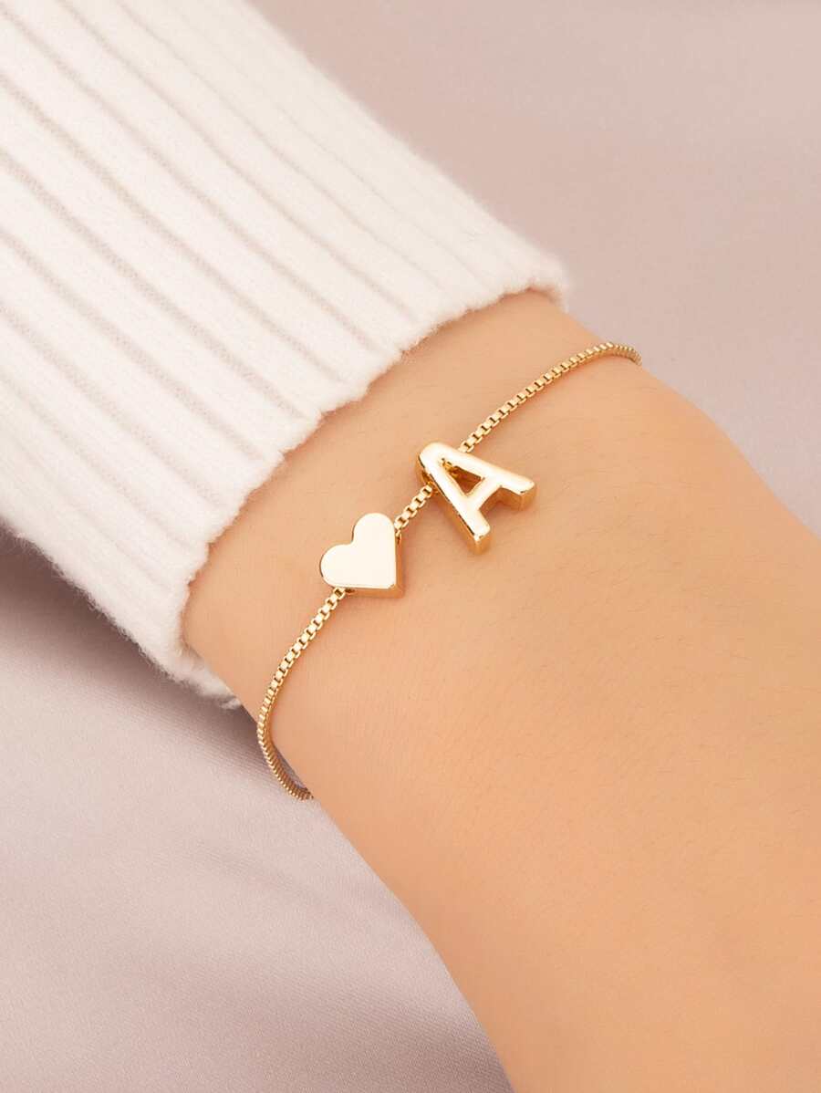 Letter & Heart Decor Bracelet - Yellow Gold - View 1