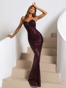 Missord Backless Frilled Mermaid Hem Sequin Tube Prom Dress Evening Gown Formal Dress - Maroon - View 3