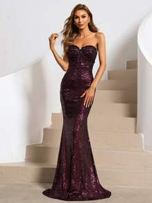 Missord Backless Frilled Mermaid Hem Sequin Tube Prom Dress Evening Gown Formal Dress - Maroon - View 5