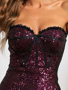 Missord Backless Frilled Mermaid Hem Sequin Tube Prom Dress Evening Gown Formal Dress - Maroon - View 6