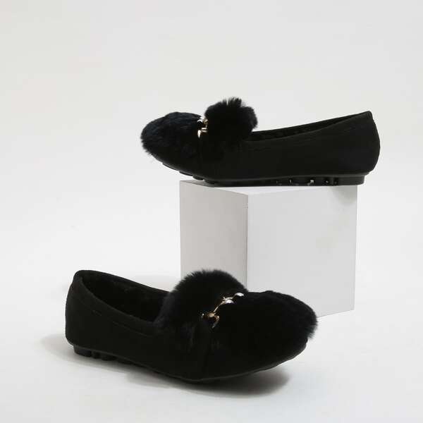 

Horsebit Decor Fluffy Flats, Black