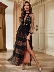 YISIKADO Váy dạ hội chấm bi ren tương phản tay áo lồng đèn viền nhiều lớp xẻ đùi lưới, váy dạ hội trang trọng màu đen thanh lịch, dành cho khách dự tiệc cưới, tốt nghiệp, tiệc tối, lễ Halloween - màu đen - Xem 1