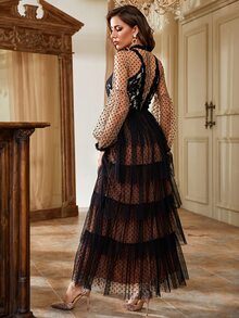 YISIKADO Váy dạ hội chấm bi ren tương phản tay áo lồng đèn viền nhiều lớp xẻ đùi lưới, váy dạ hội trang trọng màu đen thanh lịch, dành cho khách dự tiệc cưới, tốt nghiệp, tiệc tối, lễ Halloween - màu đen - Xem 2