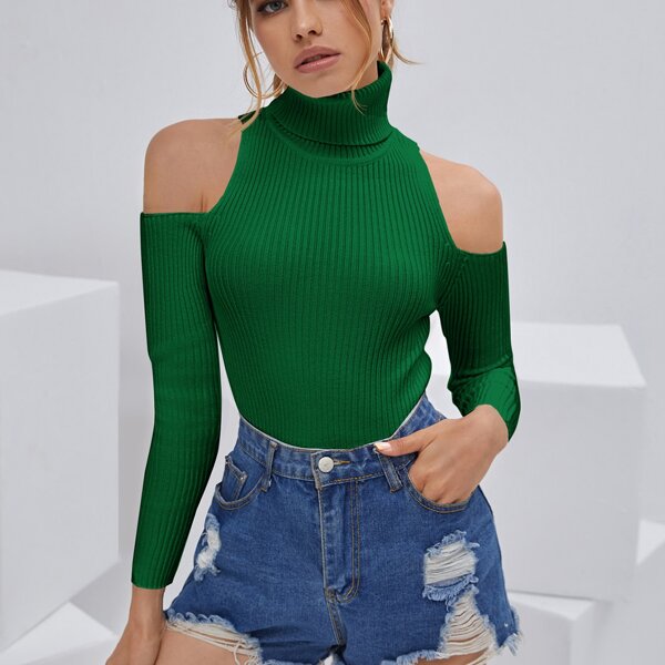 

Turtleneck Cold Shoulder Rib-knit Sweater, Green