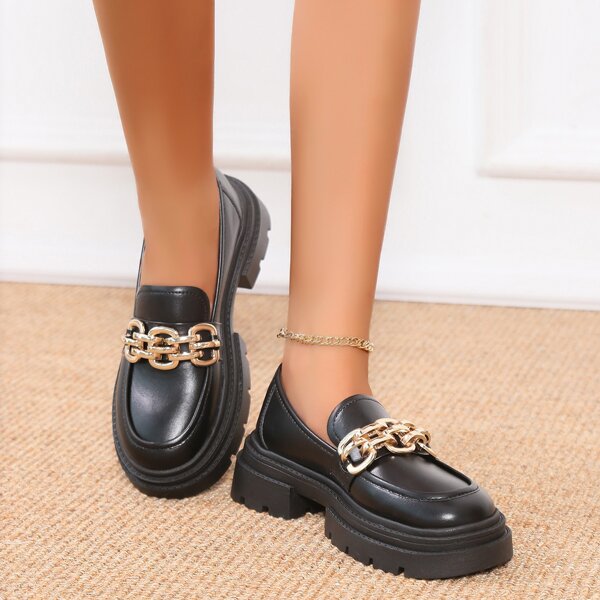 

Chain Decor Flatform Loafers, Black