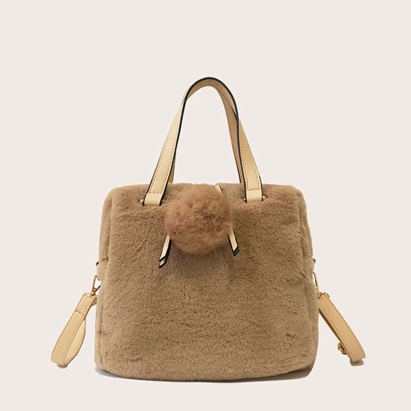 

Minimalist Pom Pom Decor Fluffy Tote Bag, Khaki