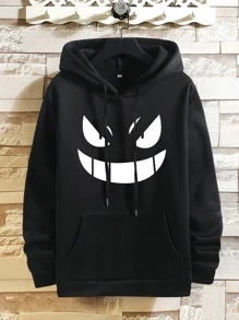 Manfinity Hombres Capucha térmica con estampado de dibujos animados con bolsillo de canguro con cordón - Negro - Ver 1