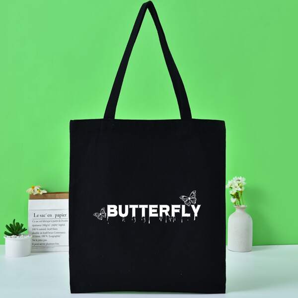

Butterfly & Letter Graphic Tote Bag, Black