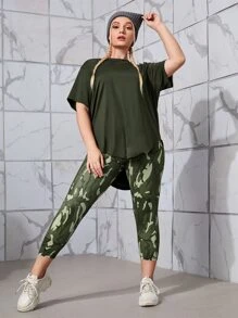 Easithlete Plus Size Breathable High Stretch Sports Tee With Leggings Workout Women Set