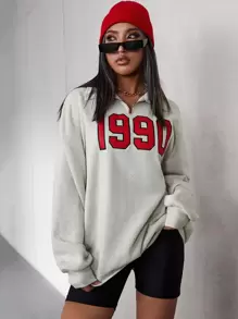 SHEIN EZwear Quần áo mùa xuân Áo nỉ in số cỡ lớn, áo dài tay, khóa kéo một phần tư, dành cho mùa thu/đông - Màu Xám nhạt - Xem 1
