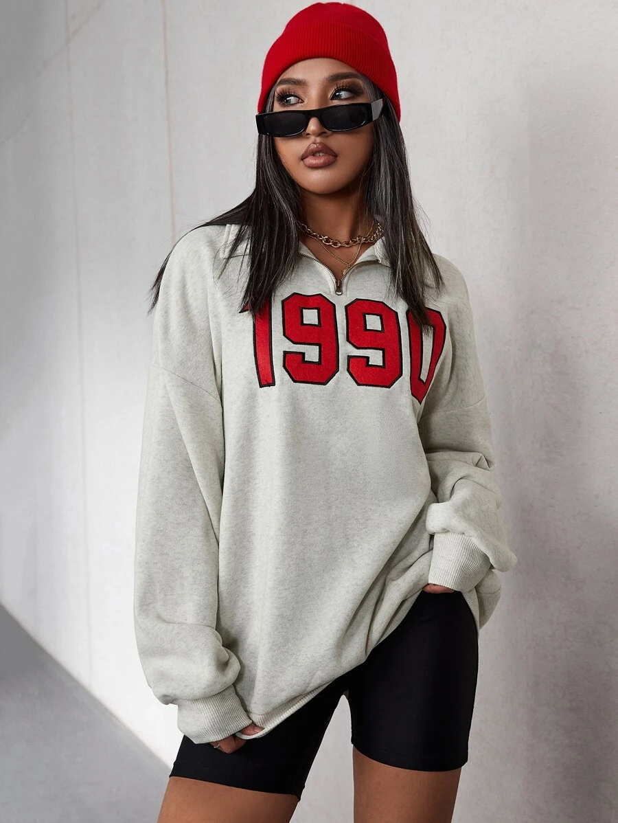 SHEIN EZwear Quần áo mùa xuân Áo nỉ in số cỡ lớn, áo dài tay, khóa kéo một phần tư, dành cho mùa thu/đông - Màu Xám nhạt - Xem 1