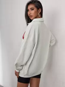 SHEIN EZwear Quần áo mùa xuân Áo nỉ in số cỡ lớn, áo dài tay, khóa kéo một phần tư, dành cho mùa thu/đông - Màu Xám nhạt - Xem 2