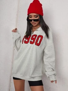 SHEIN EZwear Quần áo mùa xuân Áo nỉ in số cỡ lớn, áo dài tay, khóa kéo một phần tư, dành cho mùa thu/đông - Màu Xám nhạt - Xem 3
