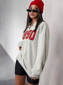 SHEIN EZwear Quần áo mùa xuân Áo nỉ in số cỡ lớn, áo dài tay, khóa kéo một phần tư, dành cho mùa thu/đông - Màu Xám nhạt - Xem 4