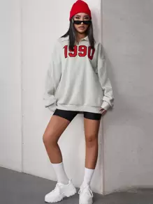 SHEIN EZwear Quần áo mùa xuân Áo nỉ in số cỡ lớn, áo dài tay, khóa kéo một phần tư, dành cho mùa thu/đông - Màu Xám nhạt - Xem 5