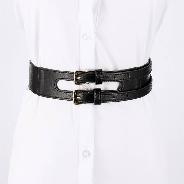 

Double Buckle Corset Belt With Punch Tool, Black
