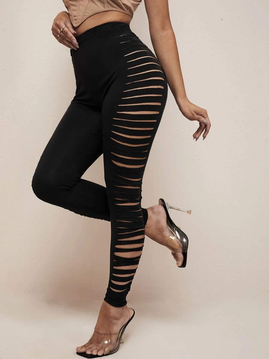 High Waist Ladder Cut Leggings - Black - View 1