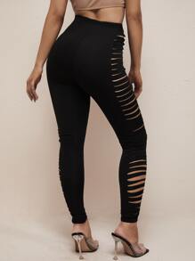 High Waist Ladder Cut Leggings - Black - View 2