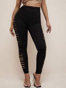 High Waist Ladder Cut Leggings - Black - View 4