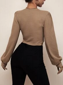 前紐扣V領上衣 - 駝色 - 查看 2