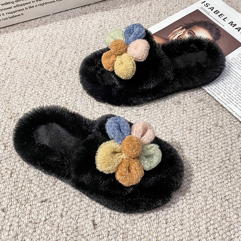 

Flower Decor Fluffy Slippers, Black