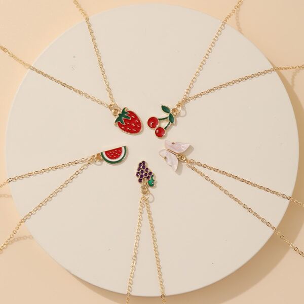 

5pcs Fruit & Butterfly Charm Necklace, Multicolor