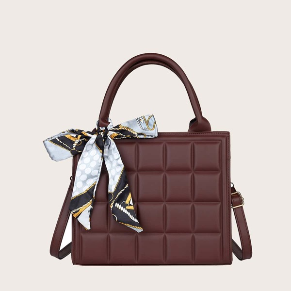 

Twilly Scarf Decor Textured Satchel Bag, Coffee brown