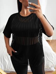 Easithlete Plus Breathable Mesh Panel Raglan Sleeve Sports Top - Black - View 1