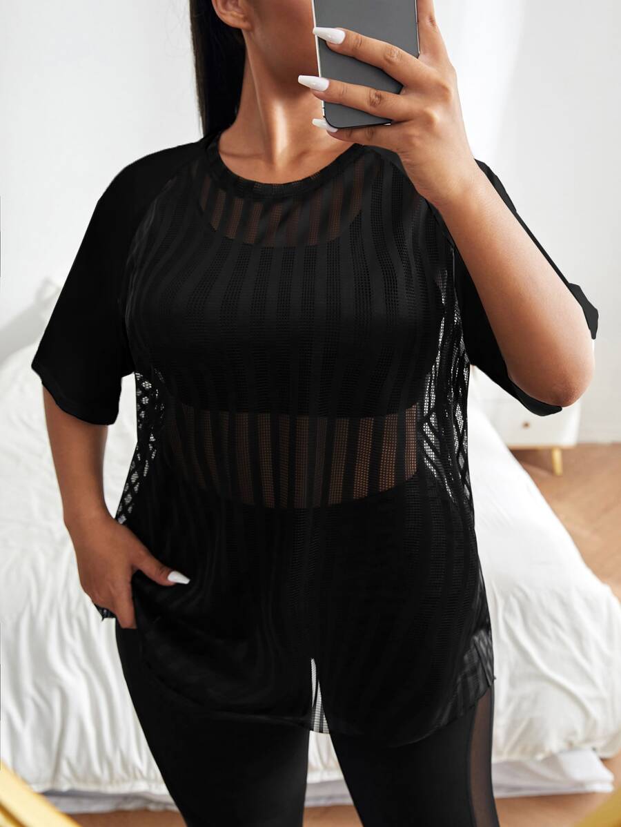 Easithlete Plus Breathable Mesh Panel Raglan Sleeve Sports Top - Black - View 1