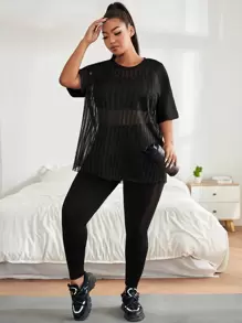 Easithlete Plus Breathable Mesh Panel Raglan Sleeve Sports Top - Black - View 3