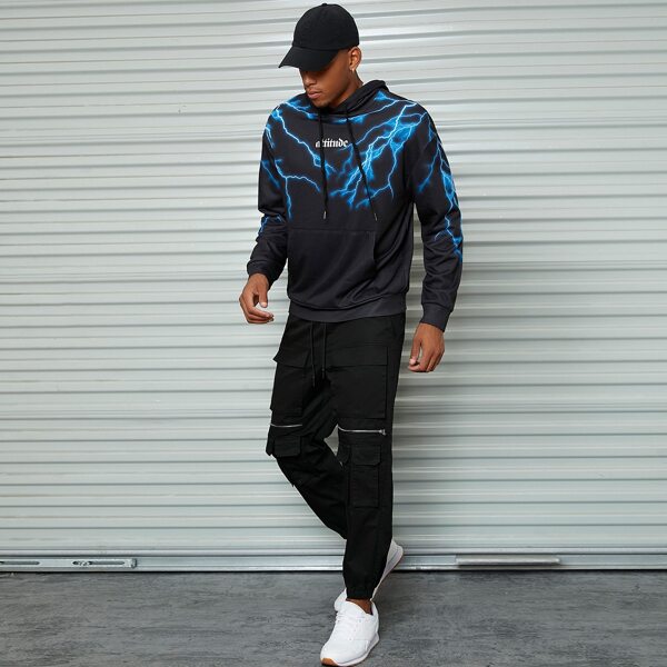 

Men Letter & Lightning Print Kangaroo Pocket Drop Shoulder Drawstring Hoodie, Black