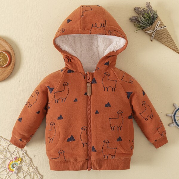

Baby Cartoon Graphic Raglan Sleeve Teddy Lined Hooded Coat, Burnt orange