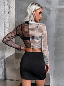 SHEIN ICON Two Tone Sheer Mesh Crop Top Without Bra - Black and White - View 2