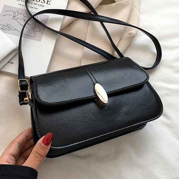 

Metal Decor Flap Square Bag, Black