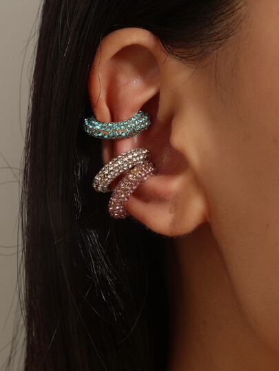 3pcs/Set Fashionable Rhinestone Clip-On Earrings (2cm Diameter, Adjustable)