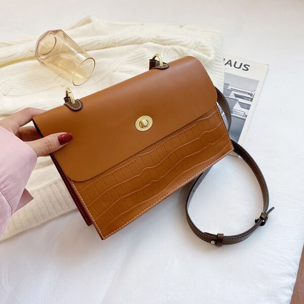 

Croc Embossed Flap Square Bag, Brown