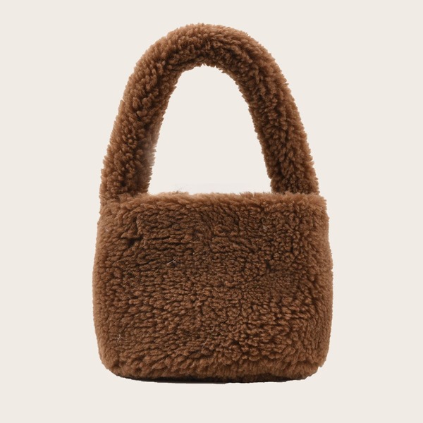 

Minimalist Fuzzy Bucket Bag, Brown
