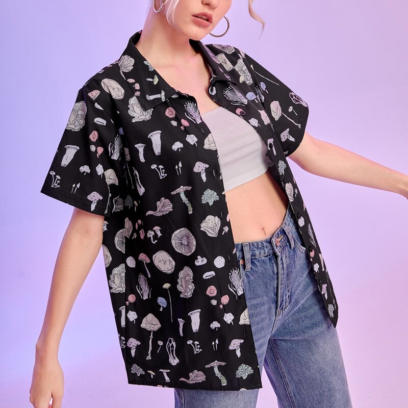 

Mushroom Print Button Front Blouse, Black