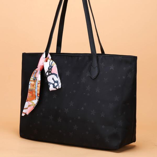 

Star Pattern Shoulder Tote Bag, Black
