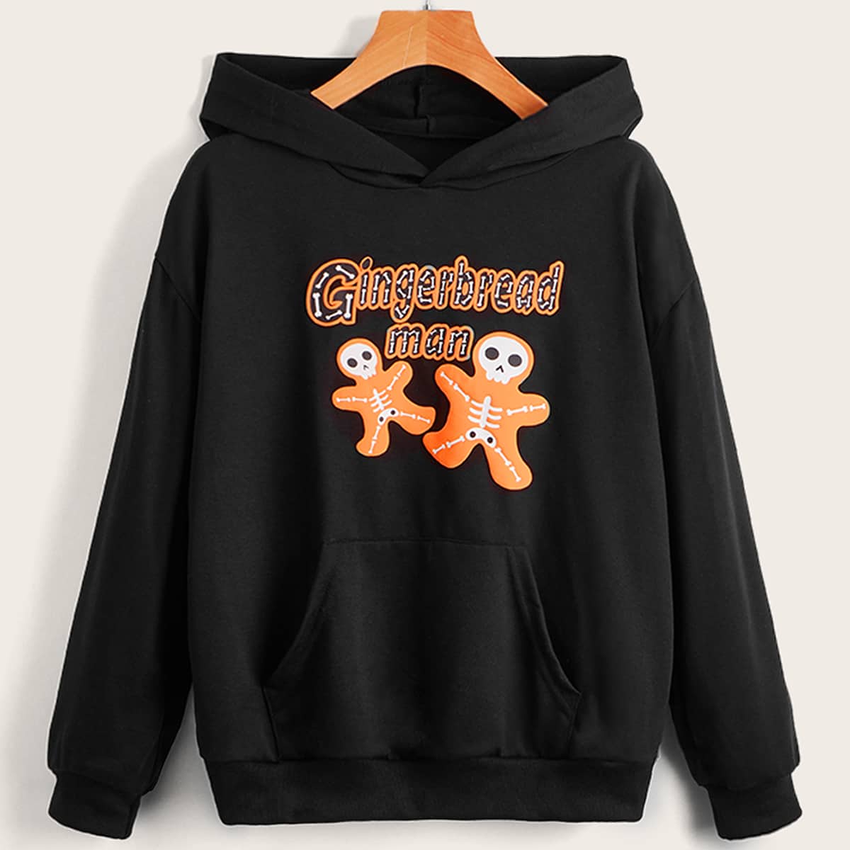 

Letter Skull Graphic Pocket Hoodie, Black