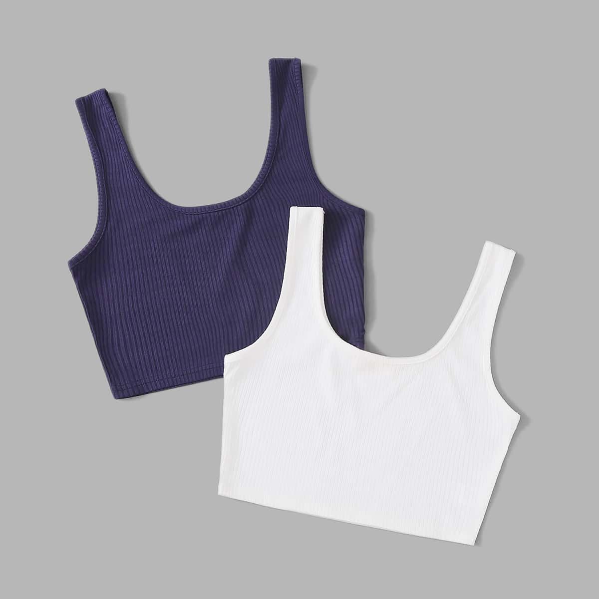 

2pcs Solid Ribbed Tank Top, Blue and white