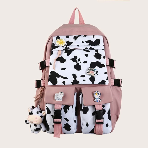 

Cow Print Doll Decor School Bag, Pink