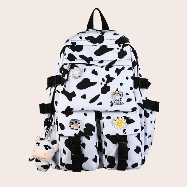 

Cow Print Doll Decor School Bag, Black and white