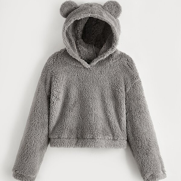 

Girls Drop Shoulder 3D Ear Design Flannel Hoodie, Grey