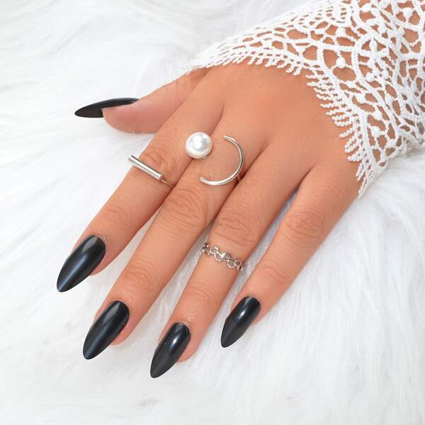 

3pcs Faux Pearl Decor Ring, Silver