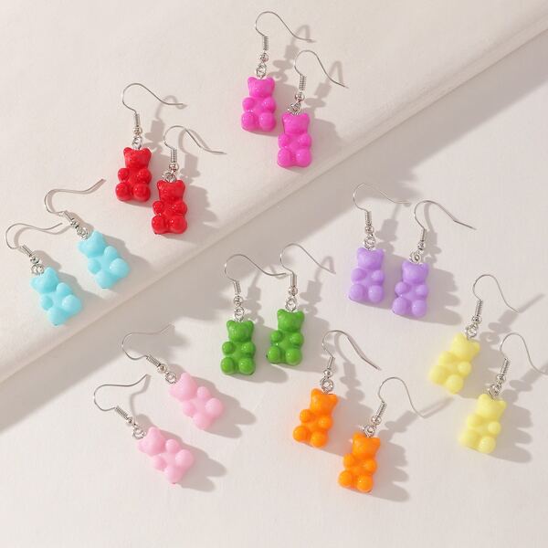 

8pairs Girls Cartoon Bear Pendant Earrings, Multicolor