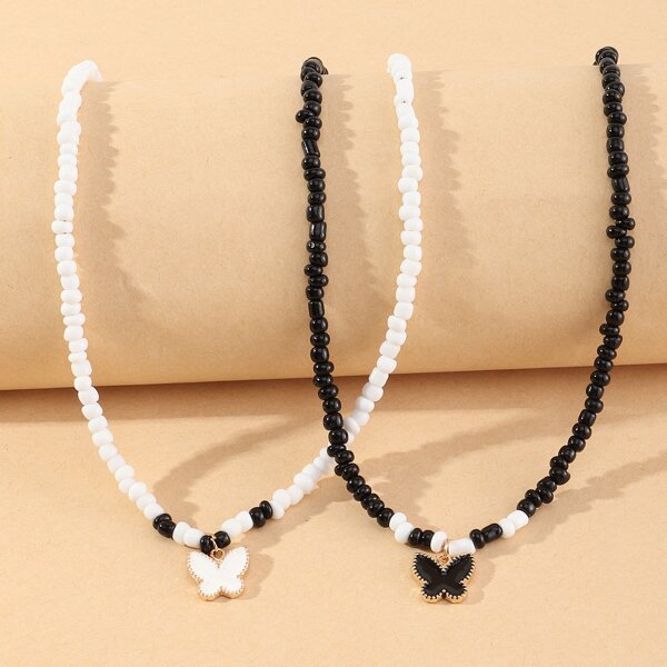 

2pcs Girls Butterfly Charm Beaded Necklace, Multicolor