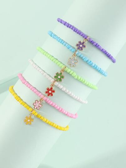 Set de 6 piezas de pulseras con colgante de flor para niñas, adecuado para decoración diaria