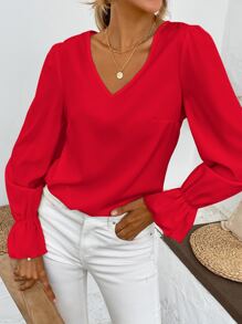 SHEIN VCAY Flounce Sleeve V Neck Top - Red - View 1